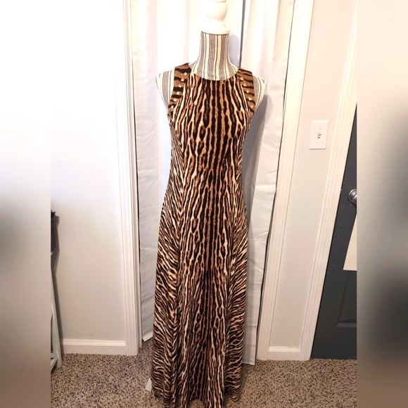 Michael Kors Tiger Print Maxi Dress Side Slit‎ Gold Zipper & Studs Petite Small - Picture 1 of 12